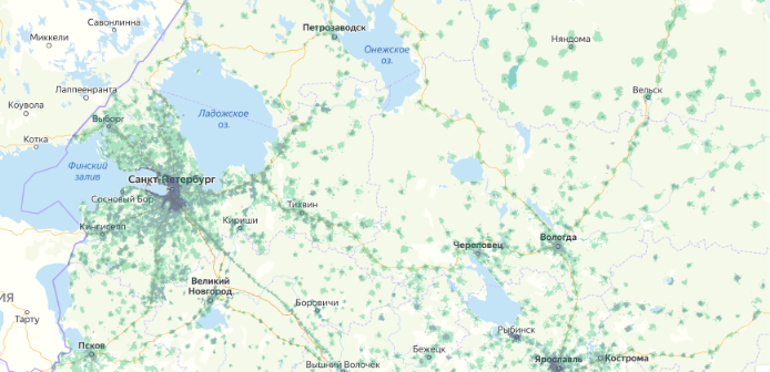Зона покрытия МТС на карте Ростов-на-Дону 