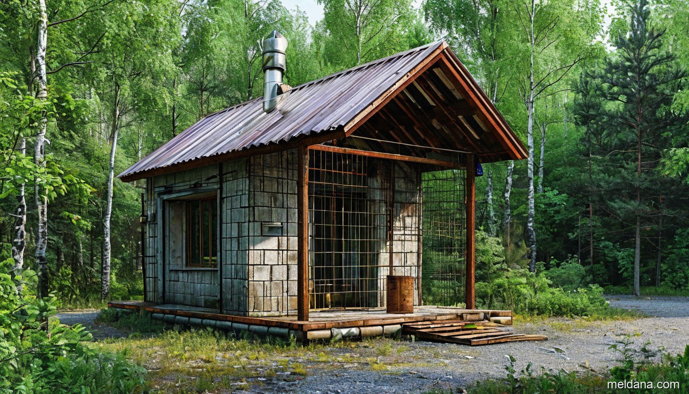 Павильон артезианской скважины водозаборного узла под защитной сетчатой конструкцией